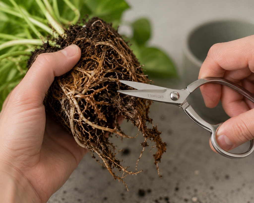 Hands trimming rotted roots with sterilized shears to save a plant.
