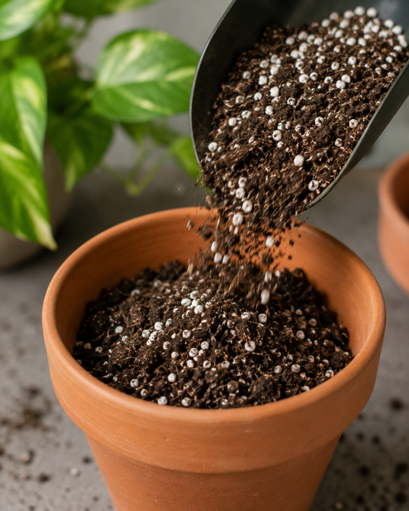 Terracotta pot with fresh potting mix and perlite for repotting a plant.
