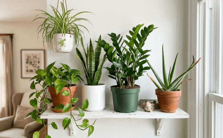 A collection of easy-care indoor houseplants including pothos, snake plant and aloe vera on a home shelf