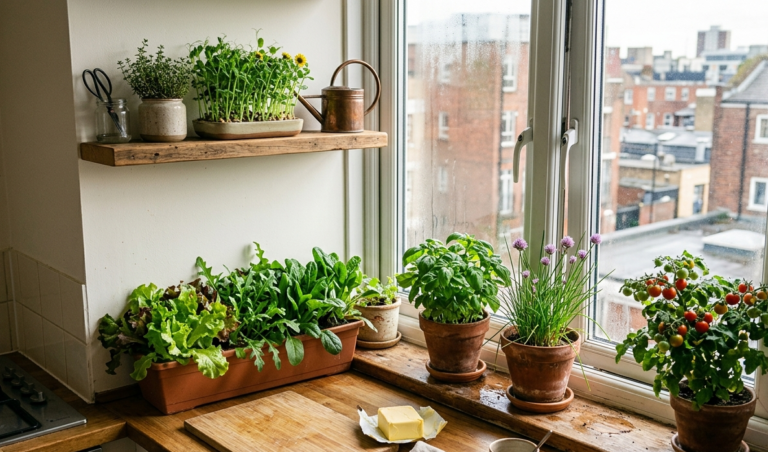 Small apartment kitchen windowsill growing salad leaves, basil, chives and cherry tomatoes in pots