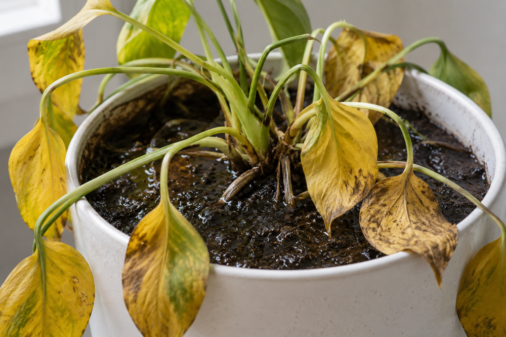 Indoor plant showing signs of root rot with yellow leaves and drooping stems. 