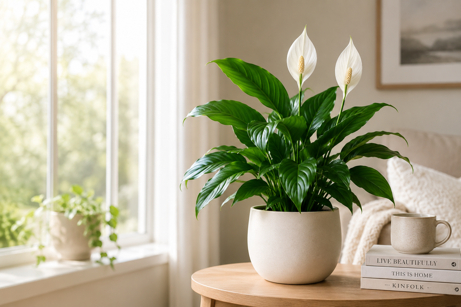 Peace lily plant in a ceramic pot near a bright indoor window.