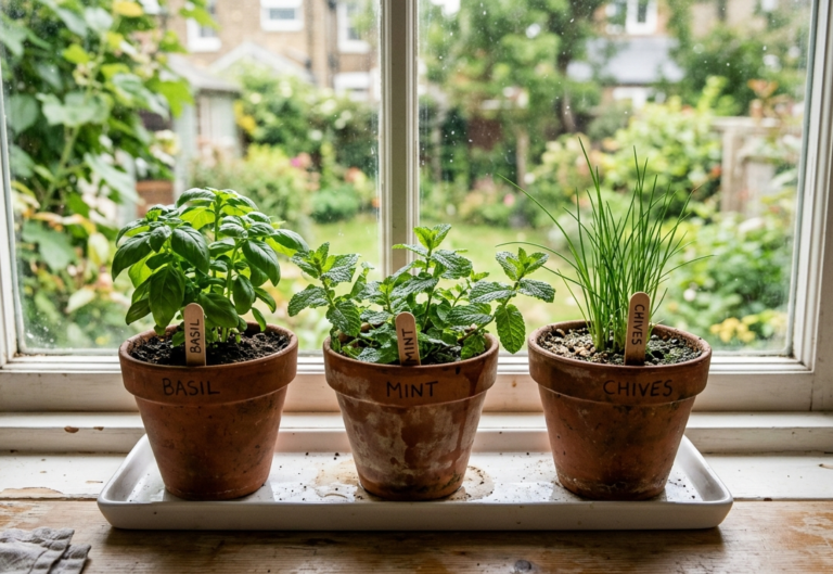 Three small terracotta pots with basil, mint, and chives on a sunny kitchen windowsill