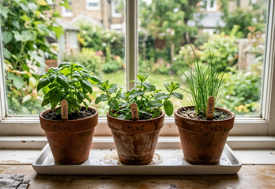 Three small terracotta pots with basil, mint, and chives on a sunny kitchen windowsill