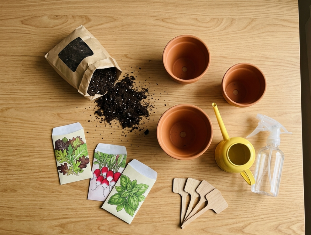 Flat lay of apartment gardening starter supplies including pots, potting mix, seed packets and watering can
