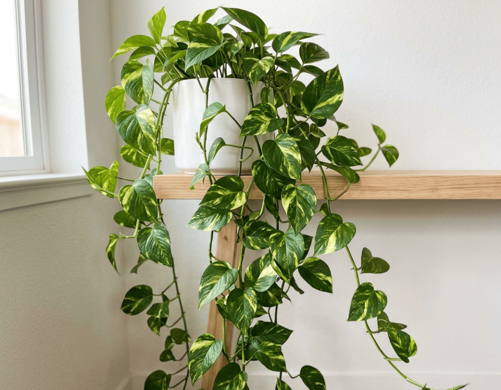Healthy pothos plant with long trailing vines in a white ceramic pot on a wooden shelf