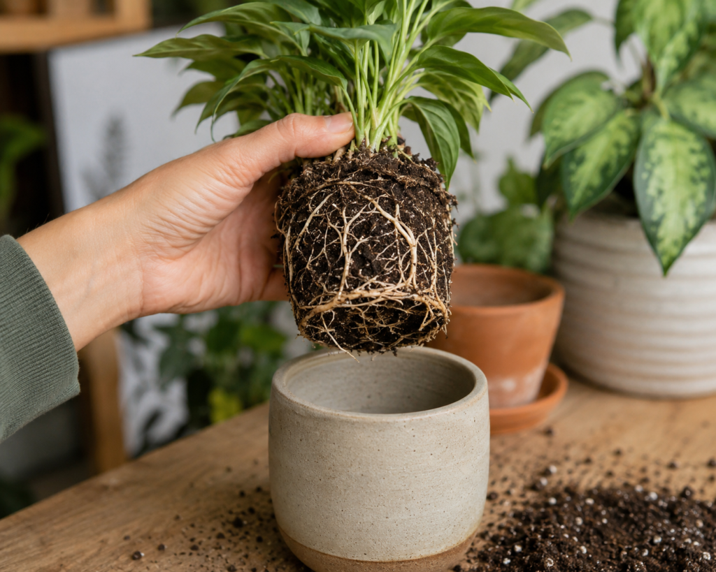 Person unpotting a plant to check for root rot with visible brown, mushy roots.