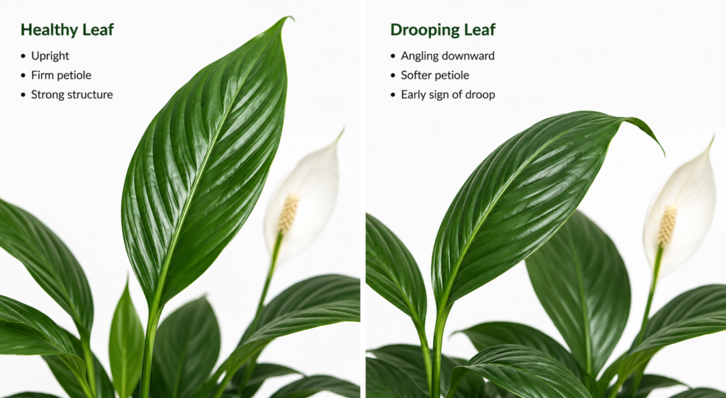 Healthy versus thirsty peace lily leaf angle comparison.
