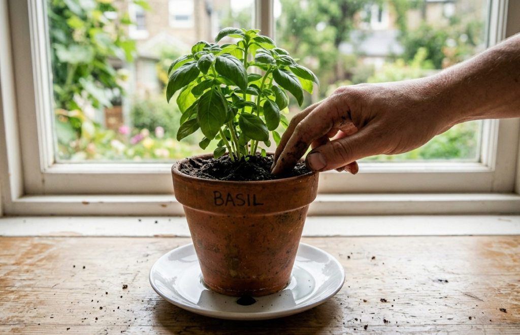 Hand pressing potting soil around a basil plant in a terracotta pot with drainage saucer below