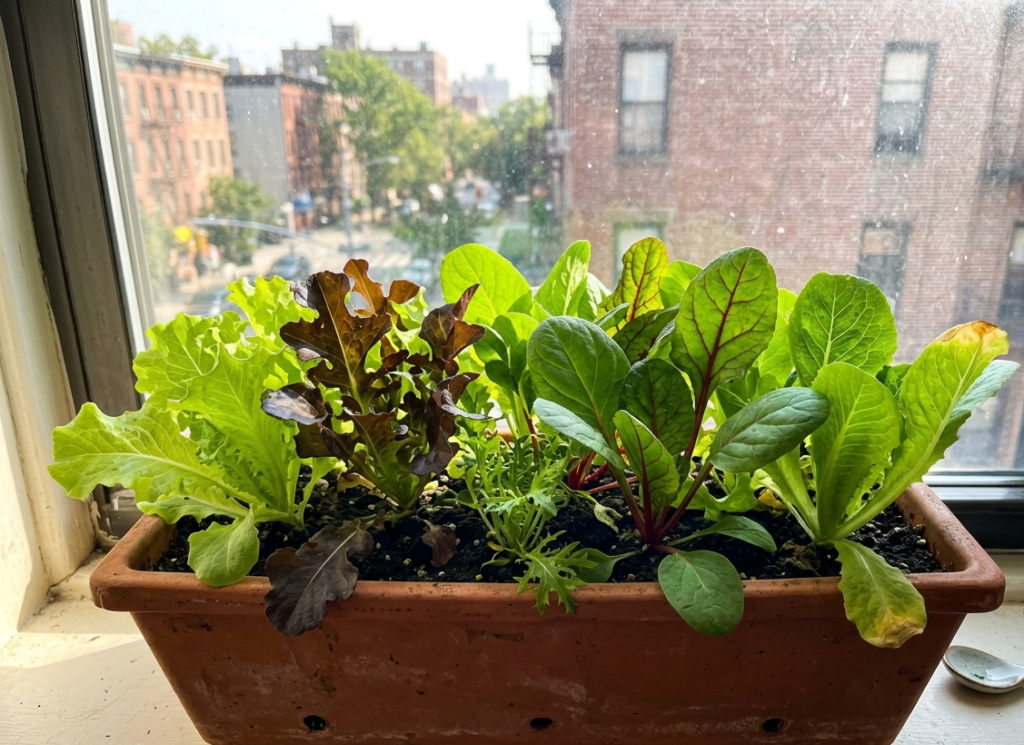 Mixed salad leaves growing in a window box on a bright apartment windowsill with natural daylight
