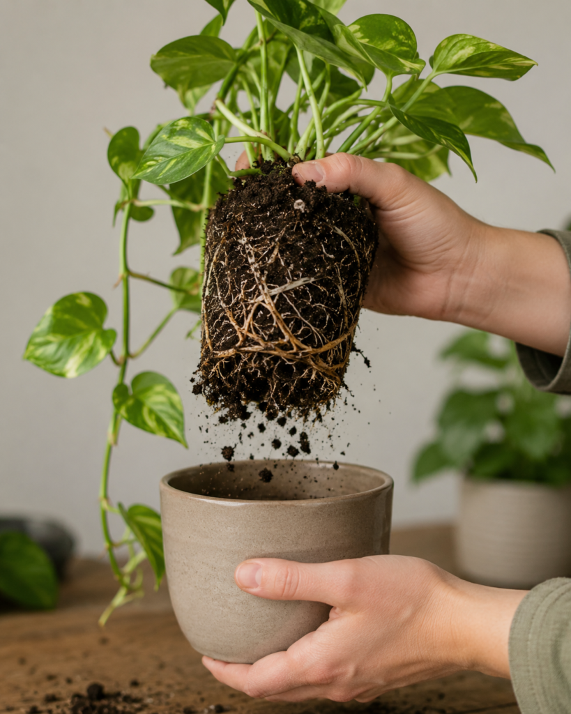 Image Prompt: A plant being removed from its pot with soil falling away to reveal roots.