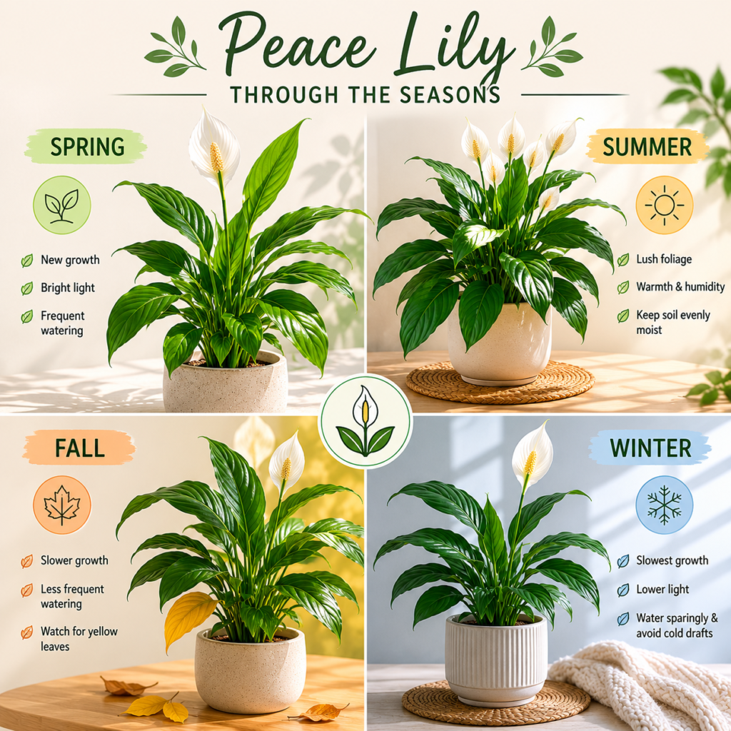 Peace lily watering frequency illustrated across four seasons.