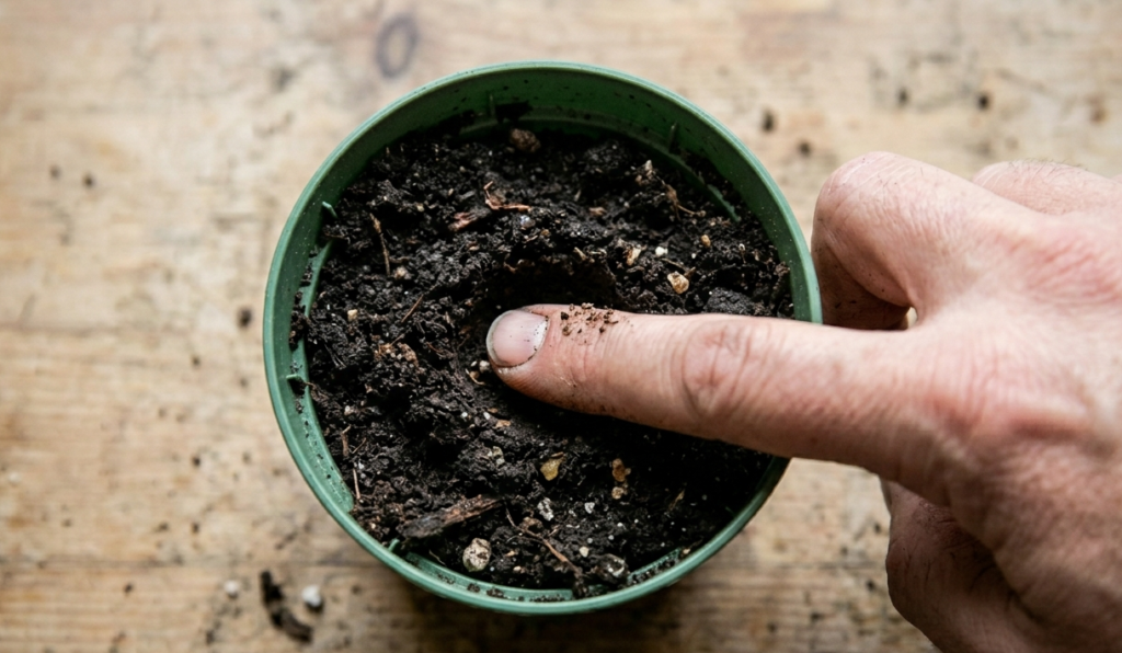 Finger pushed 2cm into dark potting soil to check moisture level before watering indoor herb