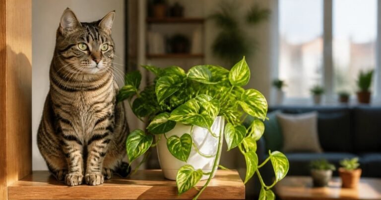 Tabby cat sitting on a wooden shelf beside a golden pothos, a houseplant that is toxic to cats