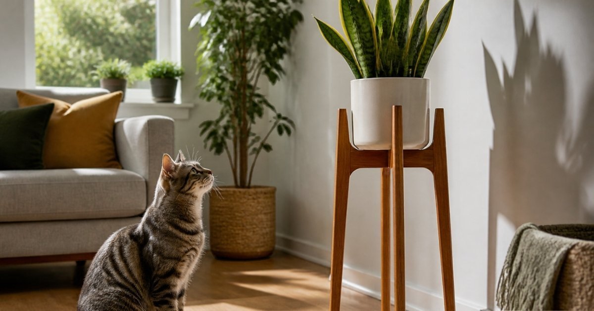 A tabby cat looks up at a snake plant kept out of reach on a tall wooden plant stand, since snake plants are toxic to pets.
