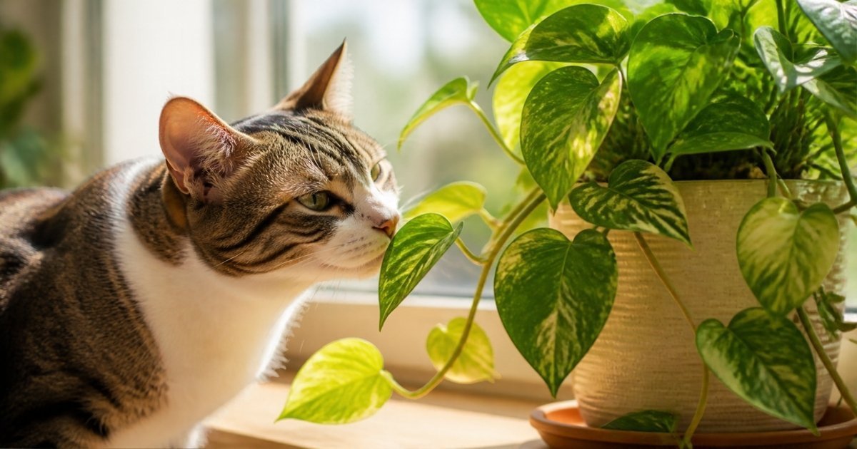 Cat sniffing golden pothos leaves on a sunny windowsill, the moment before a bite can hurt its mouth