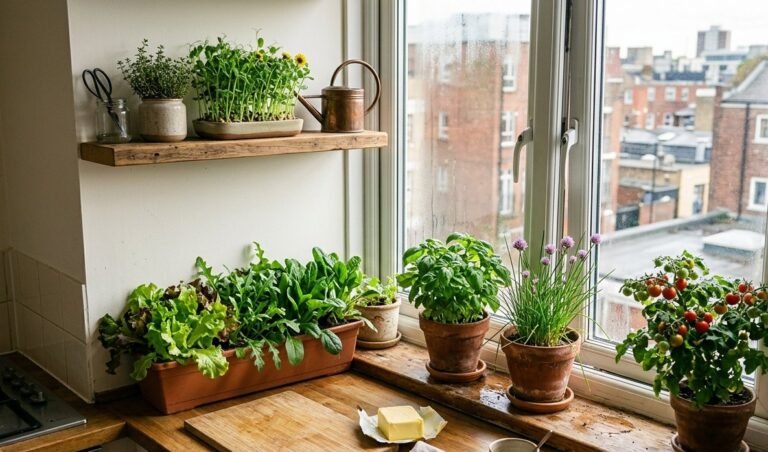 Small apartment kitchen windowsill growing salad leaves, basil, chives and cherry tomatoes in pots