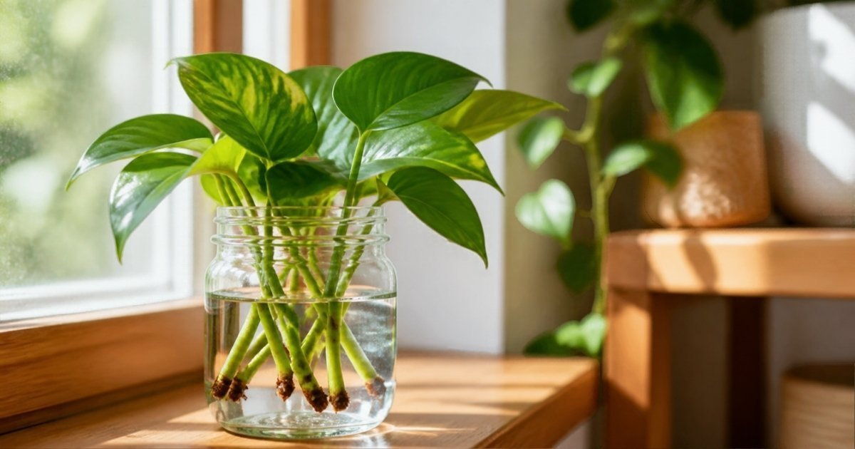 Golden pothos cuttings with new root nubs in a glass jar of water on a sunny windowsill, ready to propagate