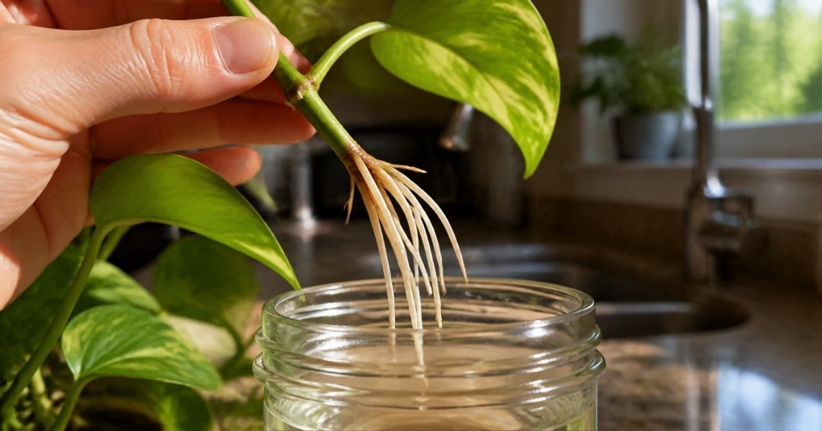 Pothos cutting with long white roots held over a jar of water, ready to move into soil after propagation