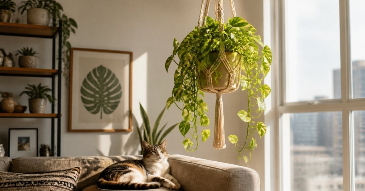 Golden pothos in a macrame hanging planter, kept out of reach of a cat resting on the sofa below