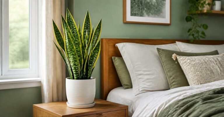 A tall snake plant in a white pot on a wooden nightstand beside a bed, one of the easiest snake plant benefits to enjoy.