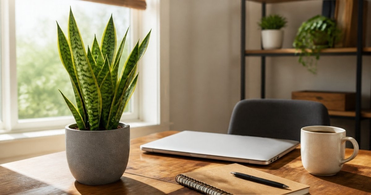 A snake plant in a gray pot on a home office desk next to a laptop, notebook and coffee mug.