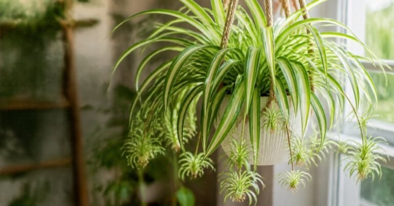 Variegated spider plant in a hanging pot with spider plant babies dangling on long runners by a window