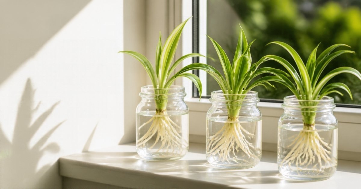 Three spider plant babies rooting in glass jars of water on a sunny windowsill, with white roots showing