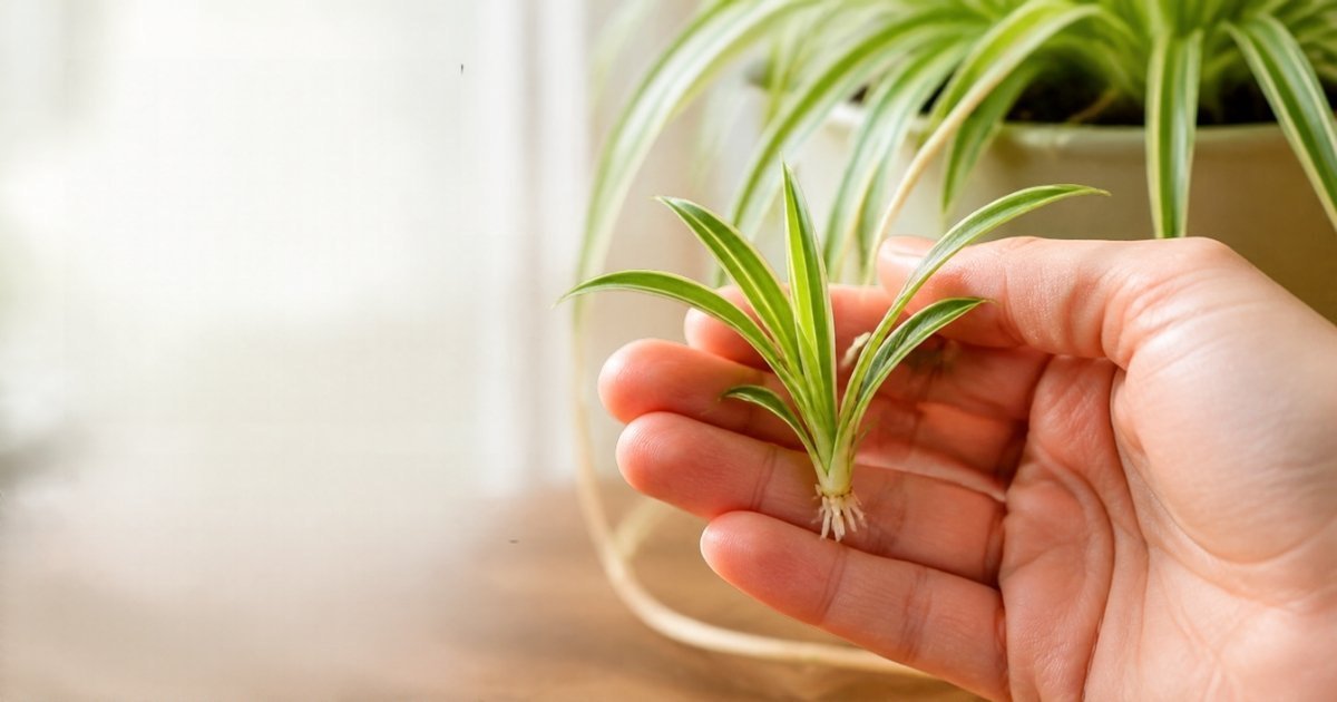 Hand holding a spider plant baby with short white root nubs at its base, ready to propagate
