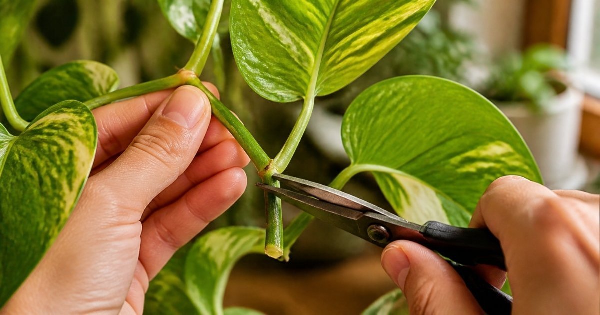 Scissors cutting a pothos vine just below a leaf node, showing where to cut pothos to propagate